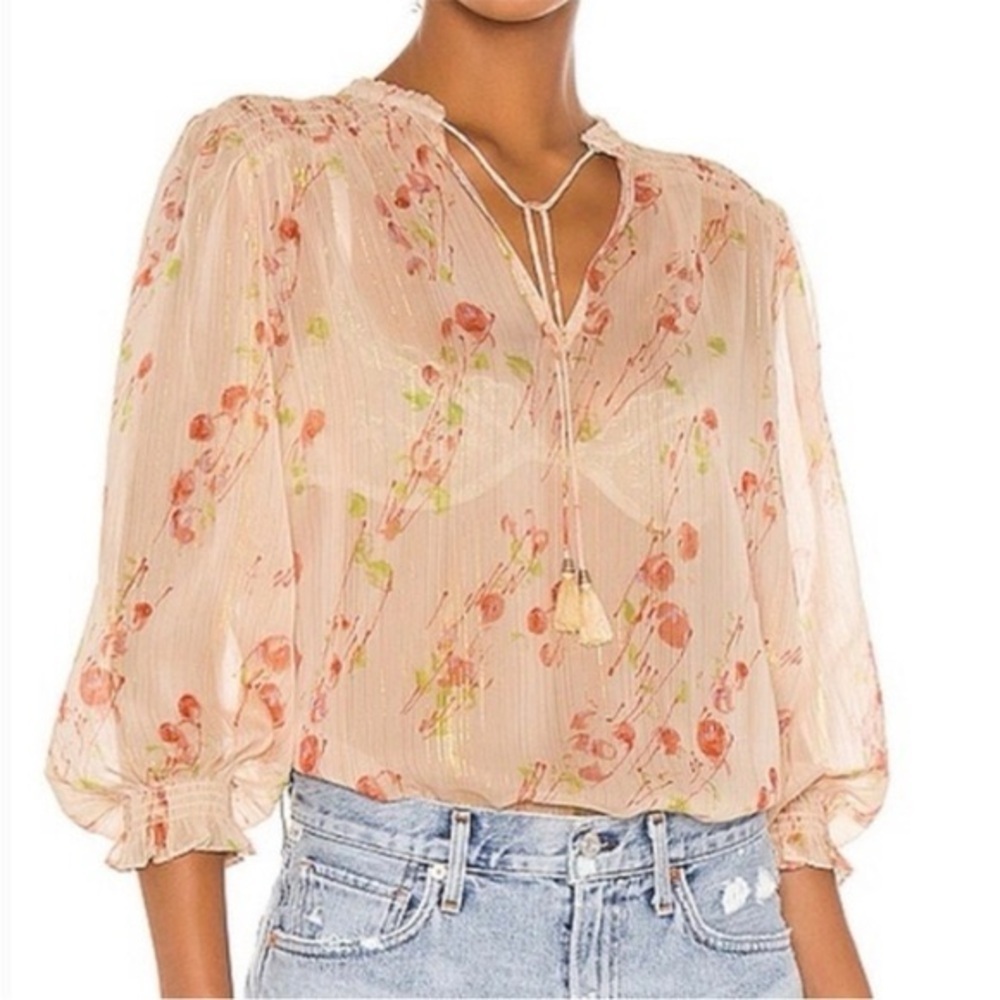 Paige Indira Floral Print Metallic Stripe Blouse Afterglow Multi Sheer Boho Sz L